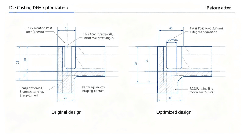 Cross-section diagram comparing die casting DFM optimization before and after: original design with thick locating post root and sharp corner versus optimized design with thinner post, radius transition, increased draft angle, and relocated parting line