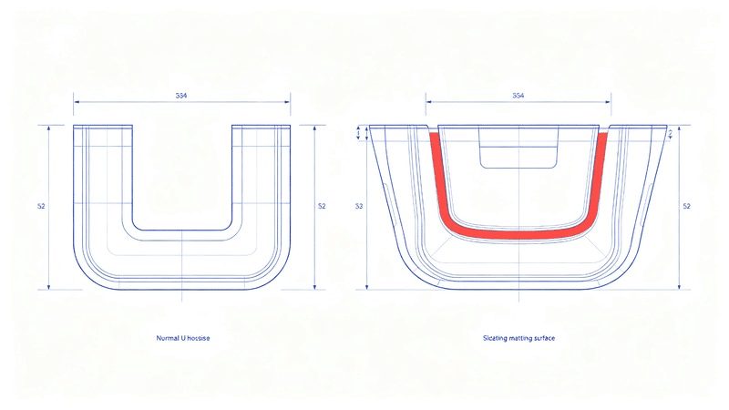 Cross-section diagram comparing normal straight sidewalls versus warped outward-deflected sidewalls in die-cast U-shaped housing, illustrating how residual stress causes uneven assembly gap at mating surface