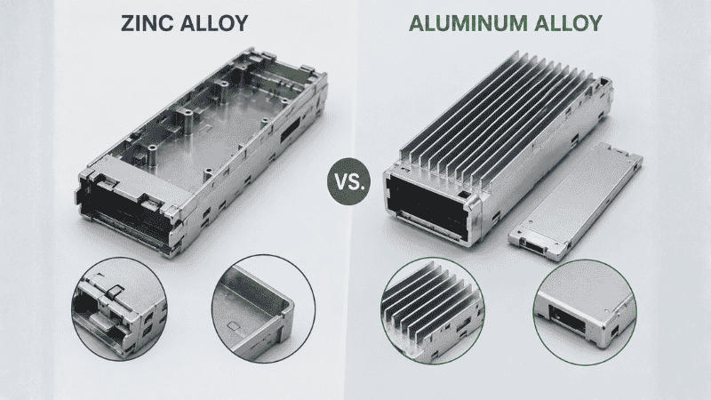 Zinc and aluminum optical transceiver housings compared by casting detail, weight and thermal performance