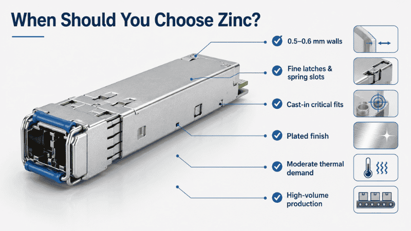 Zinc optical transceiver housing selection guide for thin walls latches plated finish and high-volume production