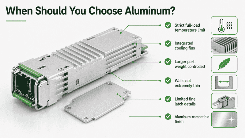 Aluminum optical transceiver housing with integrated cooling fins for heat dissipation and weight control