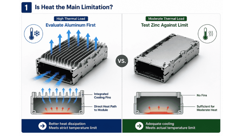 Aluminum and zinc optical transceiver housings compared by heat dissipation and thermal load