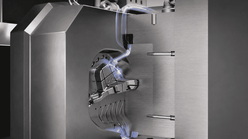 Vacuum die casting mold evacuation process showing air extracted from the die cavity before molten metal injection