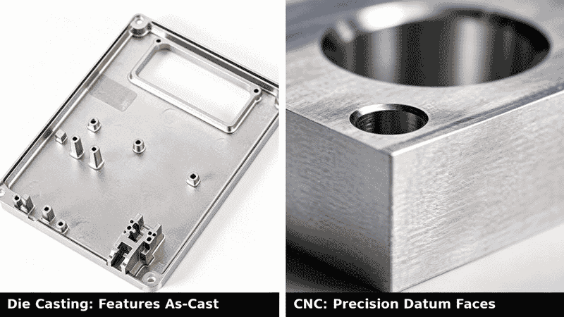 Side-by-side comparison: die-cast optical transceiver housing with integrated bosses, slots and mounting posts on the left, versus CNC machined aluminum component with precision flat datum face and bored holes on the right, illustrating tolerance allocation between die casting and secondary machining