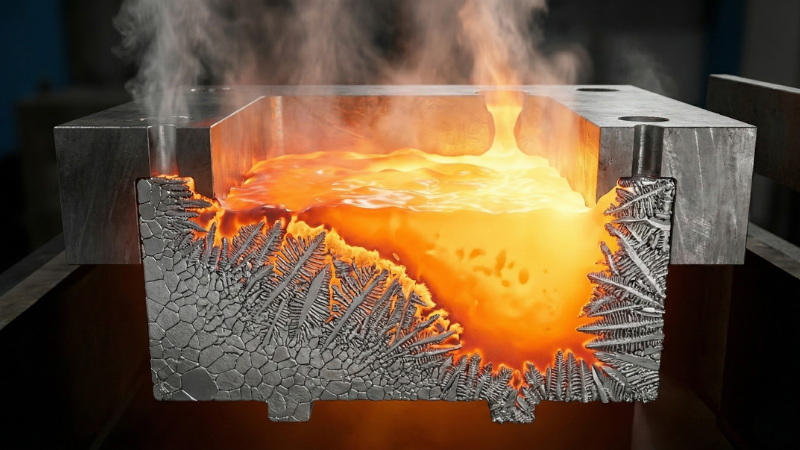 The aluminum alloy cools and solidifies rapidly inside the mold